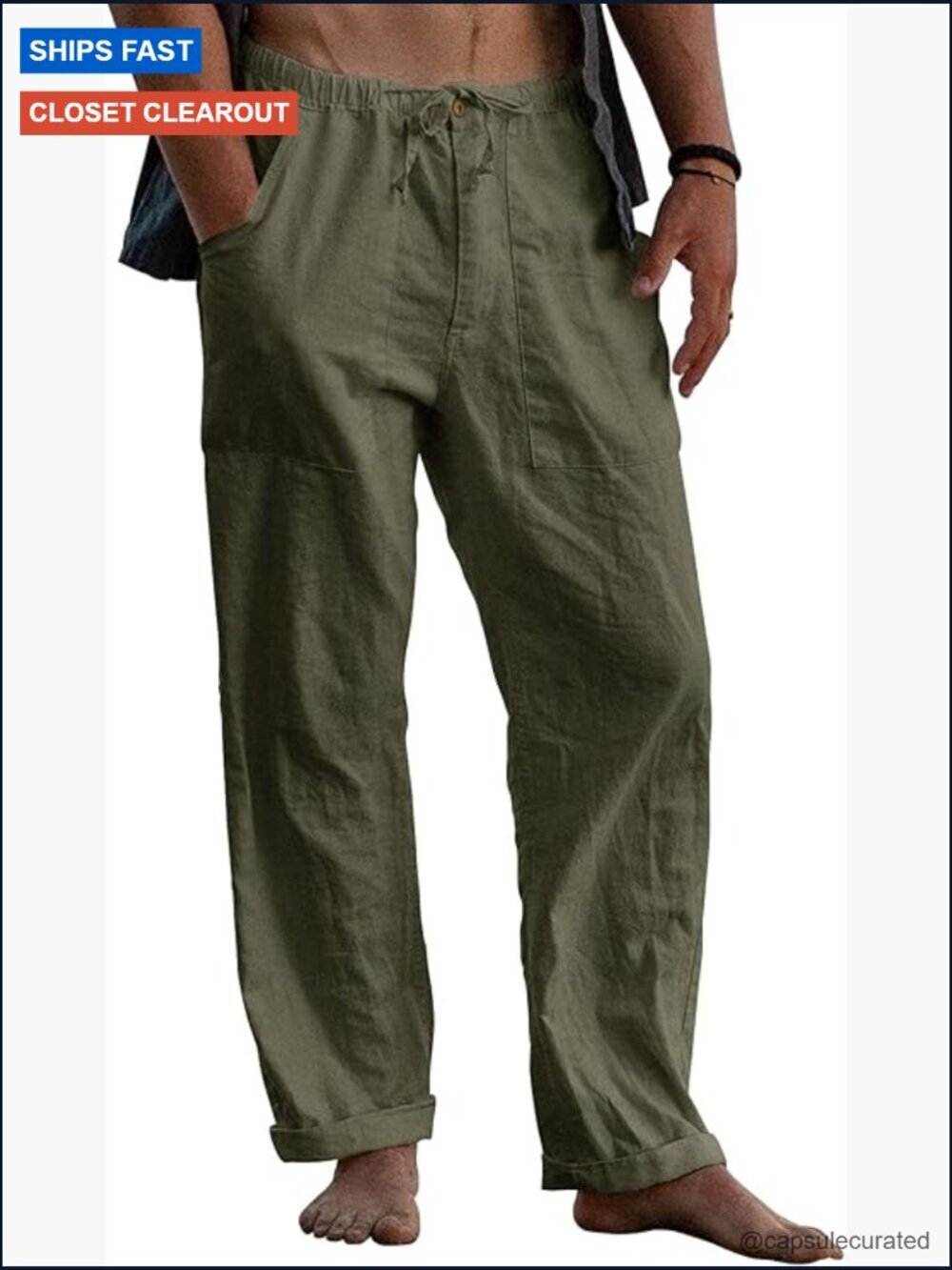 Linen Yoga Beach Pants with Pockets, Elastic Waist Drawstring